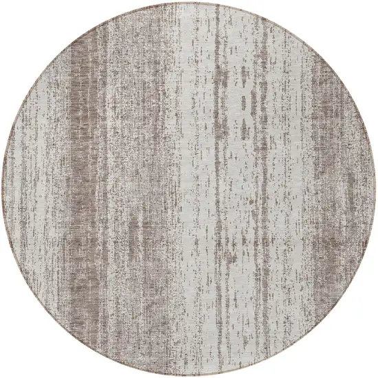 8' Taupe And Ivory Round Striped Washable Indoor Outdoor Area Rug Photo 5