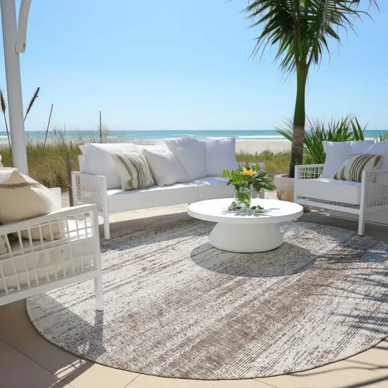 8' Taupe And Ivory Round Striped Washable Indoor Outdoor Area Rug Photo 6