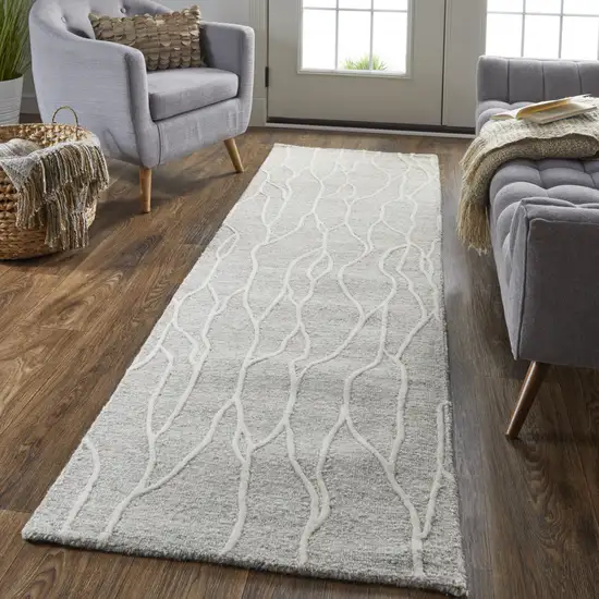 8' Taupe And Ivory Wool Abstract Tufted Handmade Stain Resistant Runner Rug Photo 4