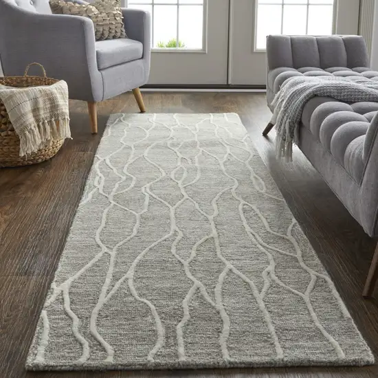 8' Taupe And Ivory Wool Abstract Tufted Handmade Stain Resistant Runner Rug Photo 5