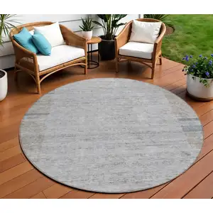 Photo of 8' Taupe Beige And Blue Round Geometric Washable Indoor Outdoor Area Rug