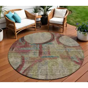 Photo of 8' Taupe Beige And Blush Round Geometric Washable Indoor Outdoor Area Rug