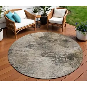 Photo of 8' Taupe Beige And Brown Round Abstract Washable Indoor Outdoor Area Rug