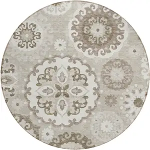 Photo of 8' Taupe Beige And Brown Round Floral Medallion Washable Indoor Outdoor Area Rug