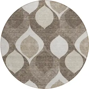 Photo of 8' Taupe Beige And Brown Round Ogee Washable Indoor Outdoor Area Rug