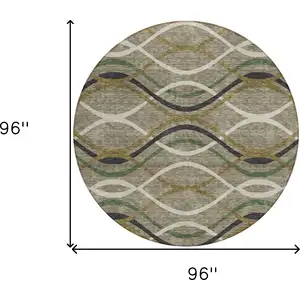 Photo of 8' Taupe Beige And Charcoal Round Abstract Washable Indoor Outdoor Area Rug