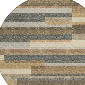 Photo of 8' Taupe Beige And Charcoal Round Striped Washable Indoor Outdoor Area Rug