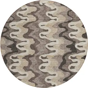 Photo of 8' Taupe Beige And Chocolate Round Abstract Washable Indoor Outdoor Area Rug