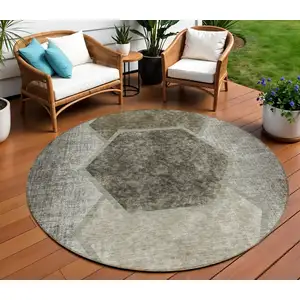 Photo of 8' Taupe Beige And Chocolate Round Geometric Washable Indoor Outdoor Area Rug