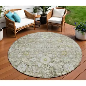 Photo of 8' Taupe Beige And Gold Round Oriental Washable Indoor Outdoor Area Rug