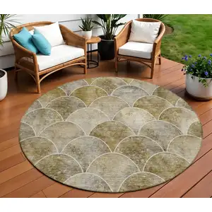 Photo of 8' Taupe Beige And Gray Round Abstract Washable Indoor Outdoor Area Rug