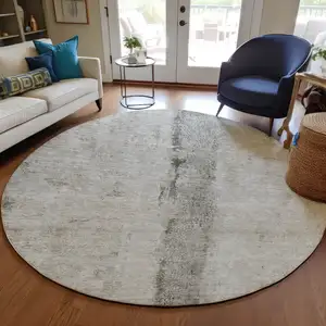 Photo of 8' Taupe Beige And Gray Round Abstract Washable Indoor Outdoor Area Rug