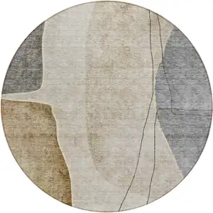 Photo of 8' Taupe Beige And Gray Round Abstract Washable Indoor Outdoor Area Rug