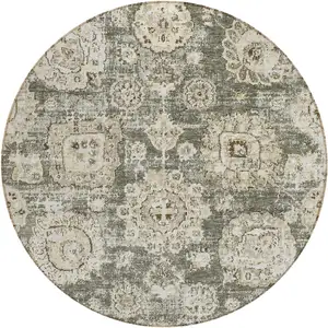 Photo of 8' Taupe Beige And Gray Round Floral Washable Indoor Outdoor Area Rug