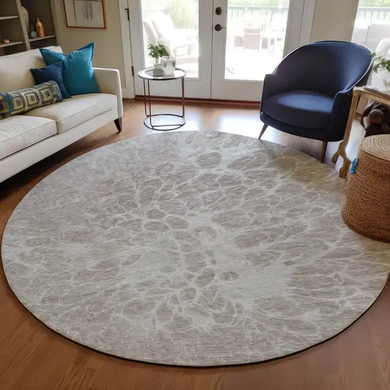 8' Taupe Beige And Ivory Round Abstract Washable Indoor Outdoor Area Rug Photo 7