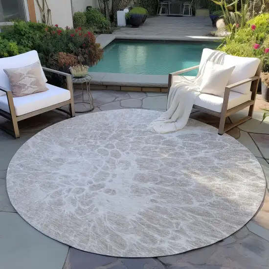 8' Taupe Beige And Ivory Round Abstract Washable Indoor Outdoor Area Rug Photo 6