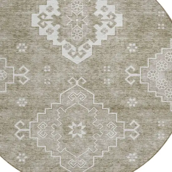 8' Taupe Beige And Ivory Round Medallion Washable Indoor Outdoor Area Rug Photo 4