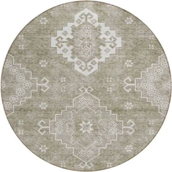 8' Taupe Beige And Ivory Round Medallion Washable Indoor Outdoor Area Rug Photo 2