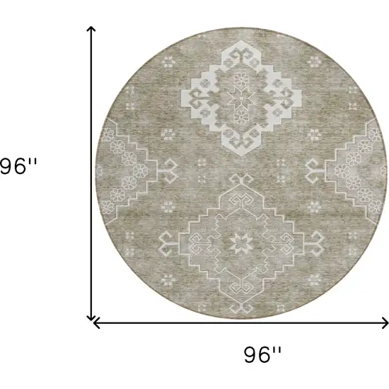 8' Taupe Beige And Ivory Round Medallion Washable Indoor Outdoor Area Rug Photo 3