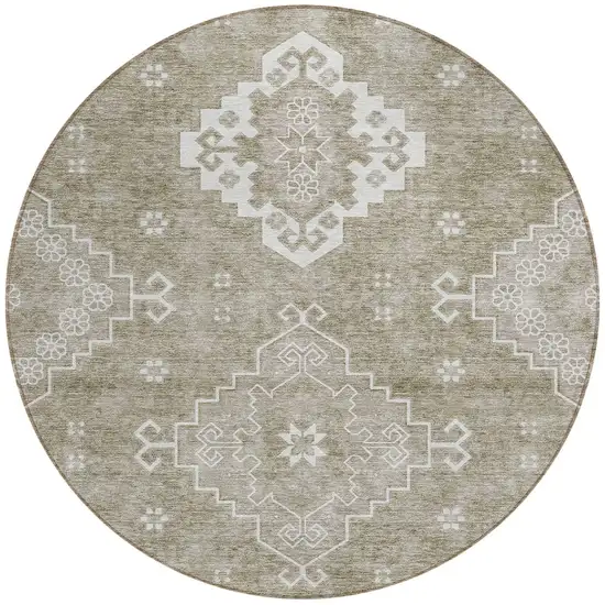 8' Taupe Beige And Ivory Round Medallion Washable Indoor Outdoor Area Rug Photo 5