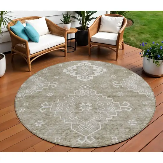 8' Taupe Beige And Ivory Round Medallion Washable Indoor Outdoor Area Rug Photo 1