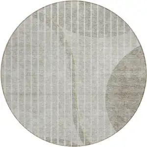 Photo of 8' Taupe Beige And Ivory Round Striped Washable Indoor Outdoor Area Rug