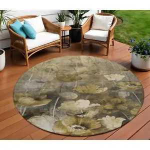 Photo of 8' Taupe Beige And Tan Round Floral Washable Indoor Outdoor Area Rug