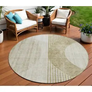 Photo of 8' Taupe Beige And Tan Round Geometric Washable Indoor Outdoor Area Rug