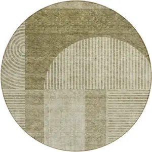 Photo of 8' Taupe Beige And Tan Round Geometric Washable Indoor Outdoor Area Rug