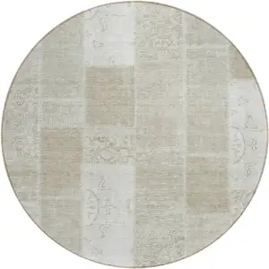 Photo of 8' Taupe Beige And Tan Round Patchwork Washable Indoor Outdoor Area Rug