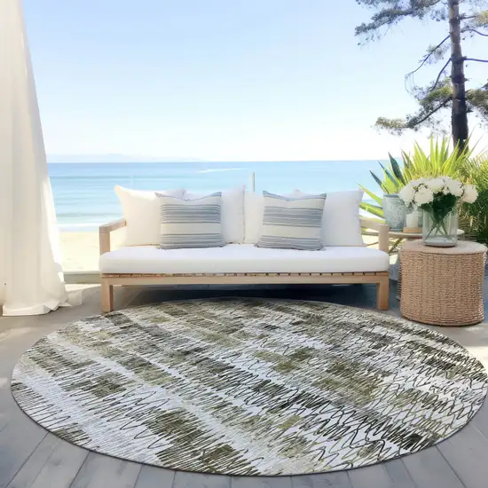 8' Taupe Beige And Tan Round Striped Washable Indoor Outdoor Area Rug Photo 6