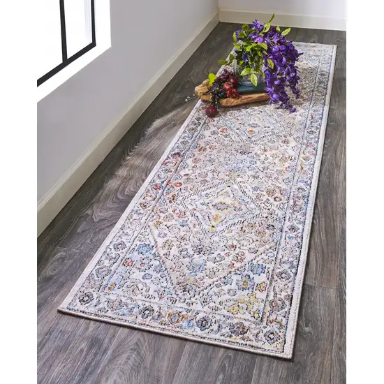 8' Taupe Blue And Gray Floral Stain Resistant Runner Rug Photo 7