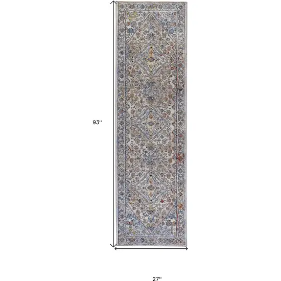 8' Taupe Blue And Gray Floral Stain Resistant Runner Rug Photo 8