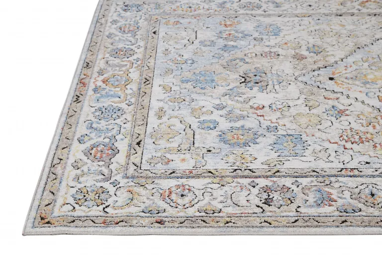 8' Taupe Blue And Gray Floral Stain Resistant Runner Rug Photo 2