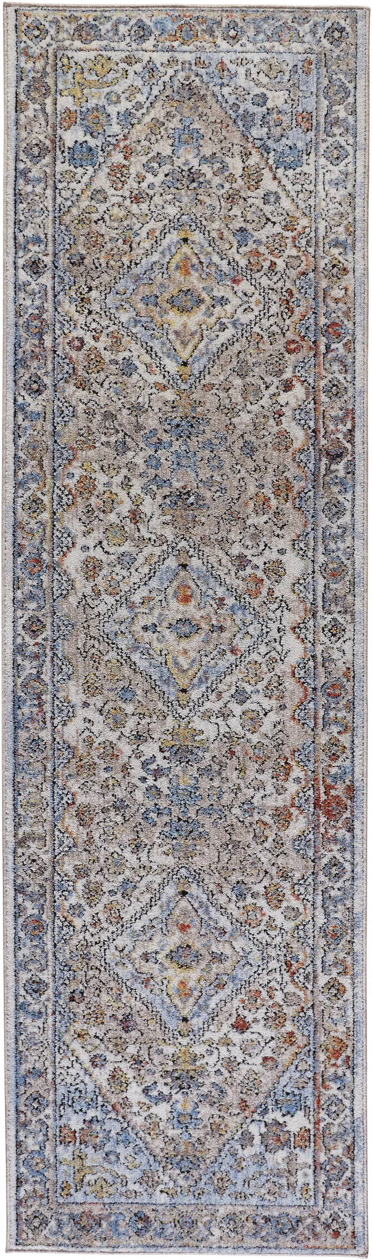 8' Taupe Blue And Gray Floral Stain Resistant Runner Rug Photo 1