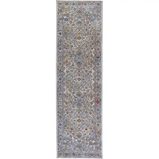 8' Taupe Blue And Gray Floral Stain Resistant Runner Rug Photo 1