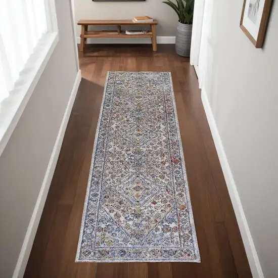 Blue and Gray Floral Runner Rug Photo 1