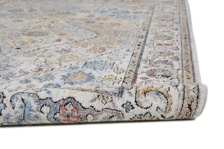 8' Taupe Blue And Gray Floral Stain Resistant Runner Rug Photo 3