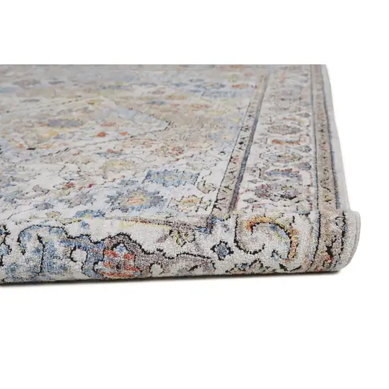 8' Taupe Blue And Gray Floral Stain Resistant Runner Rug Photo 3