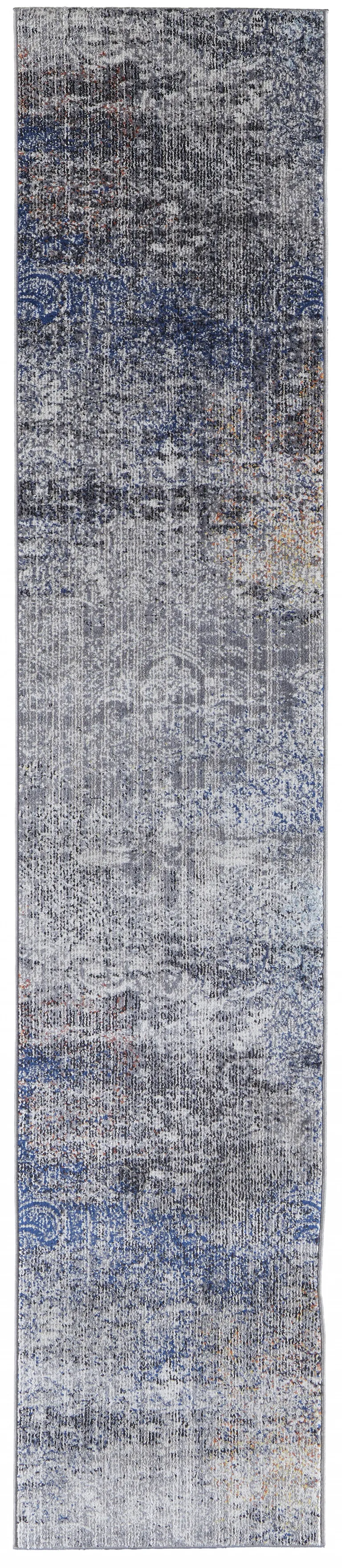 8' Taupe Blue And Ivory Abstract Power Loom Distressed Stain Resistant Runner Rug Photo 1