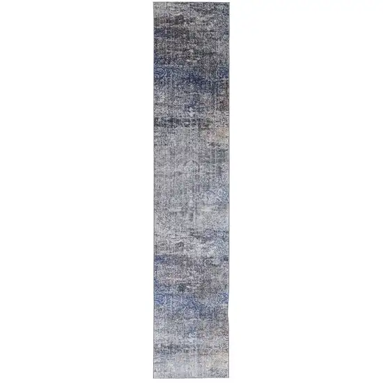 8' Taupe Blue And Ivory Abstract Power Loom Distressed Stain Resistant Runner Rug Photo 1