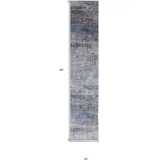 8' Taupe Blue And Ivory Abstract Power Loom Distressed Stain Resistant Runner Rug Photo 6