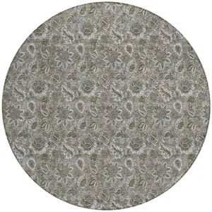 Photo of 8' Taupe Brown And Beige Round Floral Washable Indoor Outdoor Area Rug