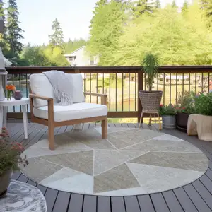 Photo of 8' Taupe Brown And Beige Round Geometric Washable Indoor Outdoor Area Rug