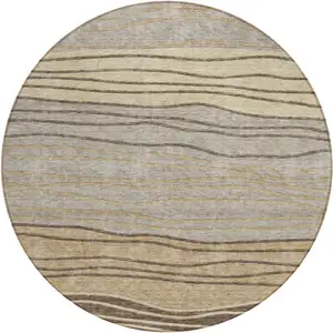 Photo of 8' Taupe Brown And Beige Round Striped Washable Indoor Outdoor Area Rug