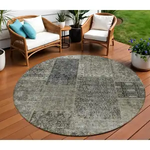 Photo of 8' Taupe Brown And Charcoal Round Patchwork Washable Indoor Outdoor Area Rug