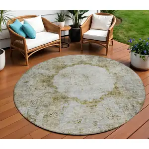 Photo of 8' Taupe Brown And Gray Round Oriental Washable Indoor Outdoor Area Rug