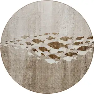 Photo of 8' Taupe Brown And Khaki Round Nautical Washable Indoor Outdoor Area Rug