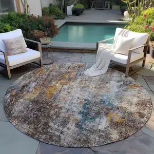 Photo of 8' Taupe Chocolate And Copper Round Abstract Washable Indoor Outdoor Area Rug