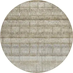 Photo of 8' Taupe Gray And Beige Round Striped Washable Indoor Outdoor Area Rug